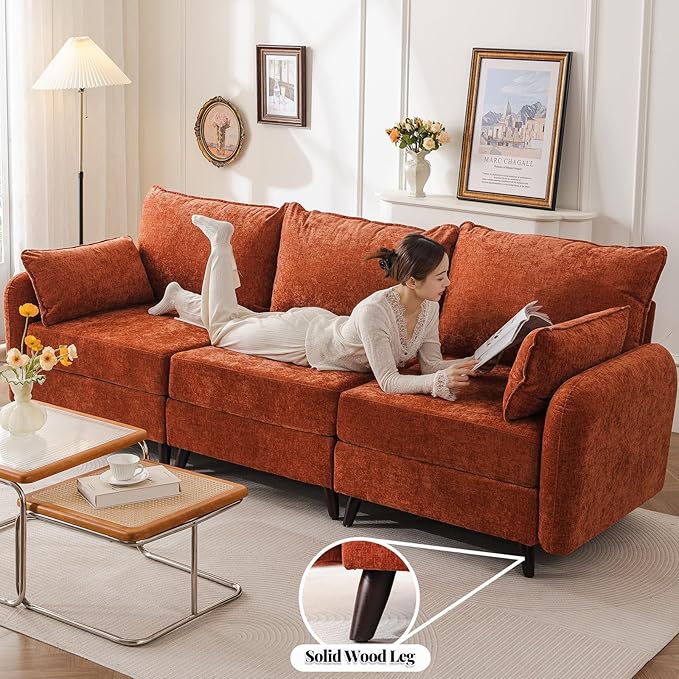 135'' Modular Sectional Sofa with Storage Seat,Oversized L Shaped Couch,6 Seater Couches for Living Room,Bedroom,Velet,Orange