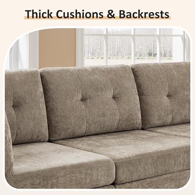 VANOMi 6 Seat Modular Cloud Sofa, 118" Convertible Sectional Cloud Sofas & Couches for Living Room, Comfy Chenille Sectional Couch Sofa for Living Room, Apartment, Office, Camel, L/U Shaped