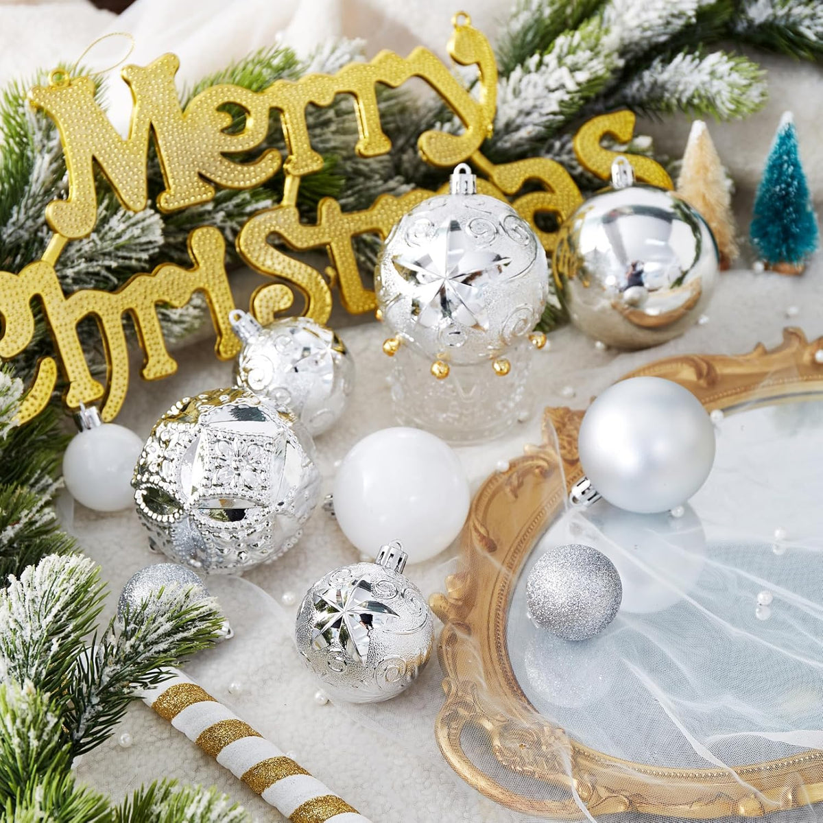 87-Pack Shatterproof Christmas Ball Ornaments Set, Christmas Tree Decorations with Hand-held Gift Package for Xmas Tree Holiday Wedding Party, Silver