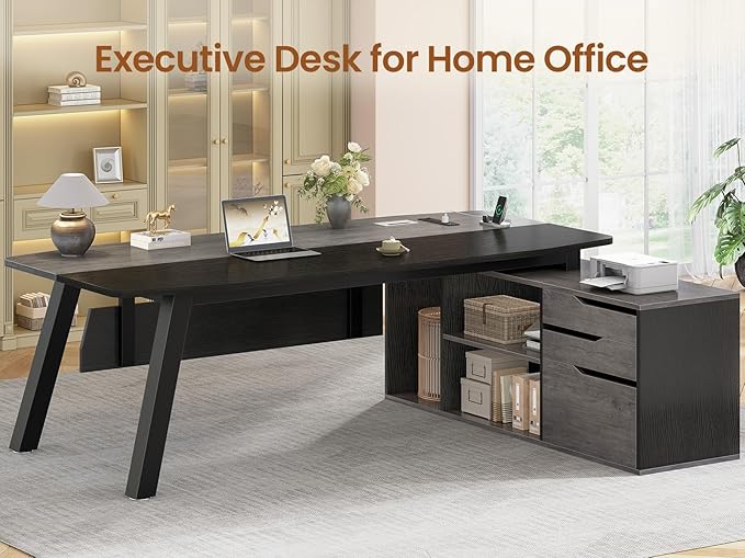 SEDETA 71" Executive Desk with File Cabinet, Large Office Desk with Drawers and Shelves, L Shaped Computer Desk with Power Outlets, Business Furniture Desk Workstation for Home Office, Gray