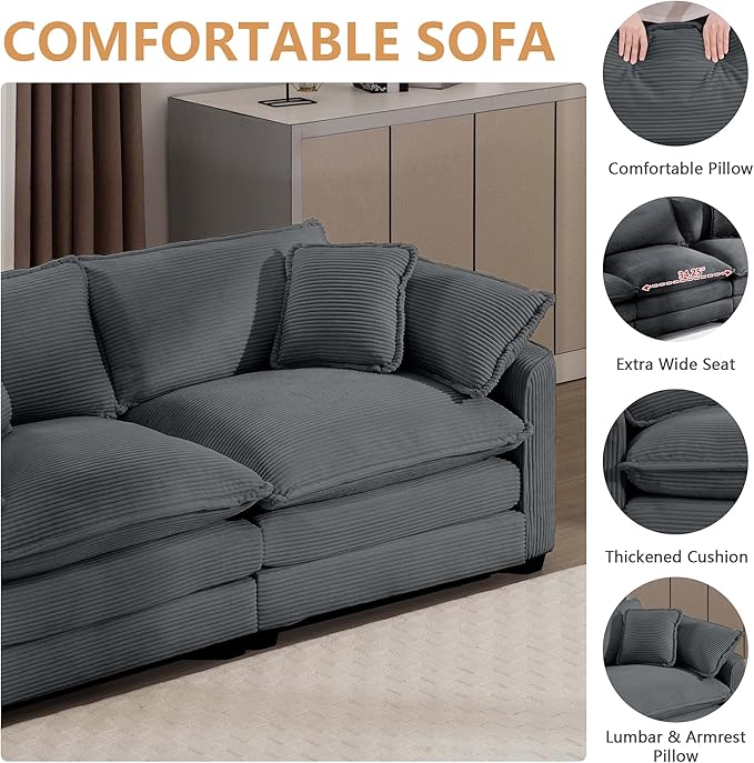 mikibama Luxury 2 Piece Sofa Set, 3-Seater & Loveseat Couch Set, Modern Corduroy Comfy Cloud Couches Set for Living Room Office with 4 Armrest Pillows and 5 Toss Pillows, Grey