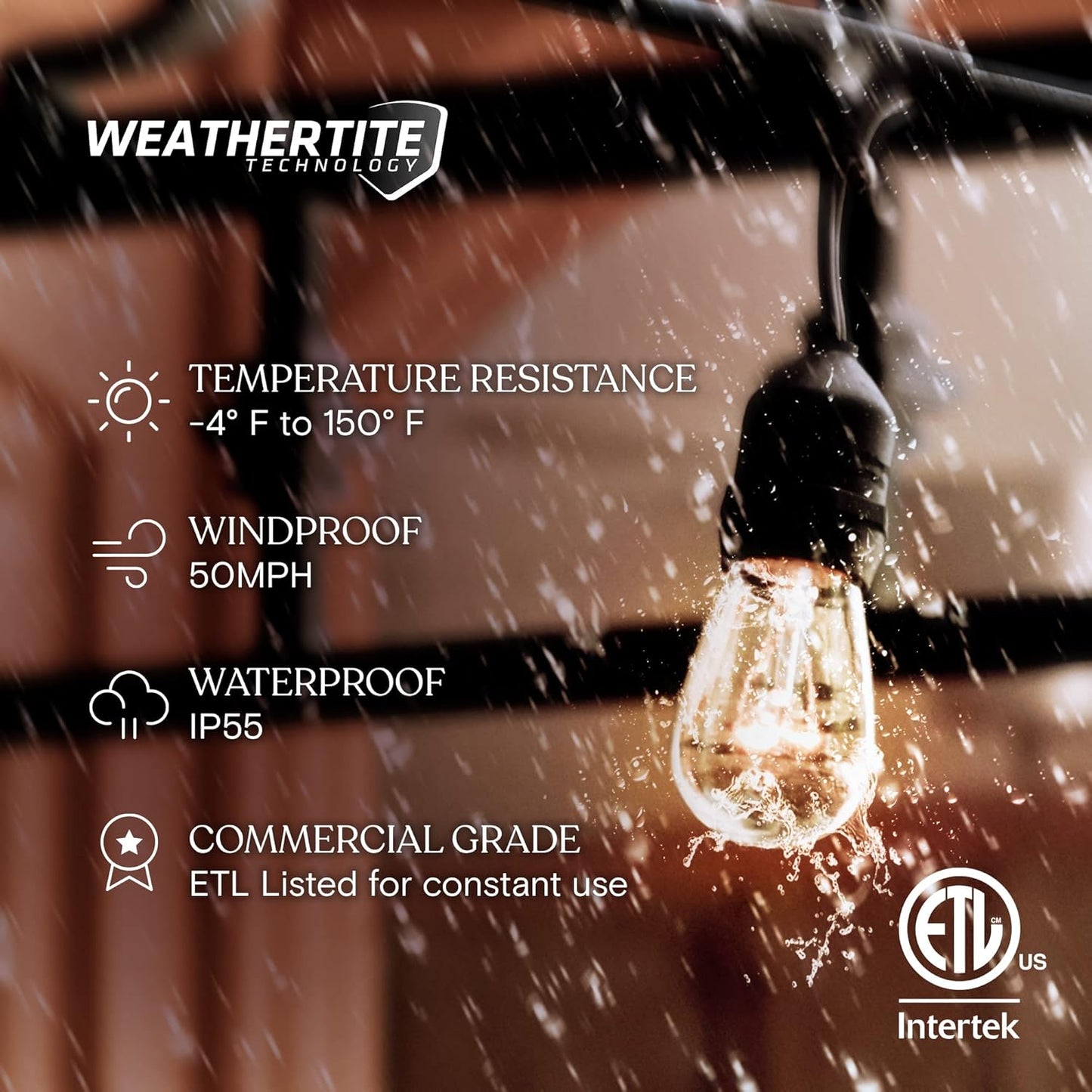 Brightech Ambience Pro Incandescent Outdoor String Lights - Commercial Grade Waterproof Patio Lights with 48 Ft Dimmable Edison Bulbs, Porch String Lights for Patio, Backyard - 15 Bulbs 11W