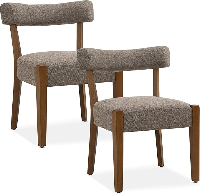 Modern Dining Chairs Set of 2, Walnut Upholstered Kitchen & Dining Room Chairs, Mid Century Wooden Dining Chairs Oversized Sturdy Fabric Rounded Chairs Curved Back, Tan Brown