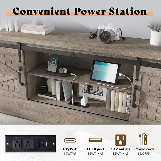 AMERLIFE Farmhouse King Bed Frame, Rustic Wood Platform Bed w/Barn Door Storage Bookcase Headboard & Charging Station, Bedroom Furniture, No Box Spring Needed, Light Grey