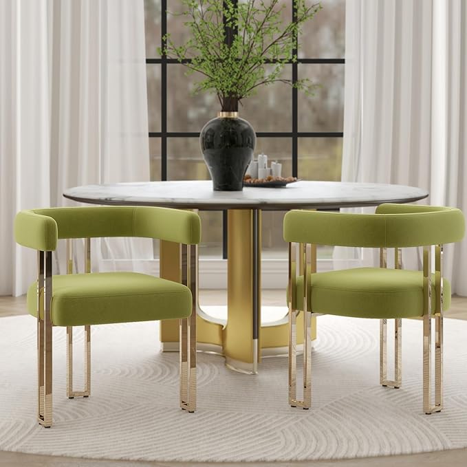 Green and Gold Modern Dining Chairs Set of 2, Velvet Upholstered Barrel Armchairs with Metal Legs for Kitchen Island, Mid Century Accent Chairs for Dining Room Living Room, Open-Back