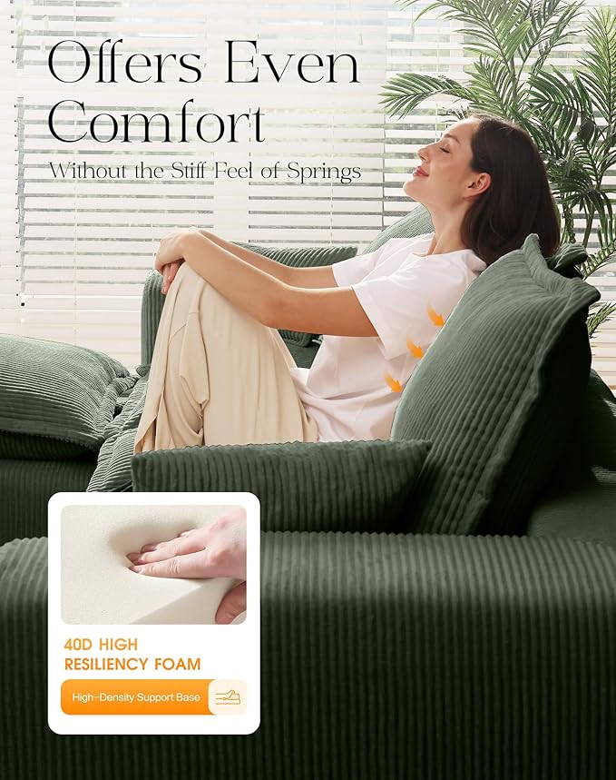 137" Comfy Cloud Couch with U-Shape Chaise & Deep Seat, Modular Sectional Sofa in a Box, Boneless Upholstered Couches for Living Room, No Assembly Required (Soft Corduroy, Green)