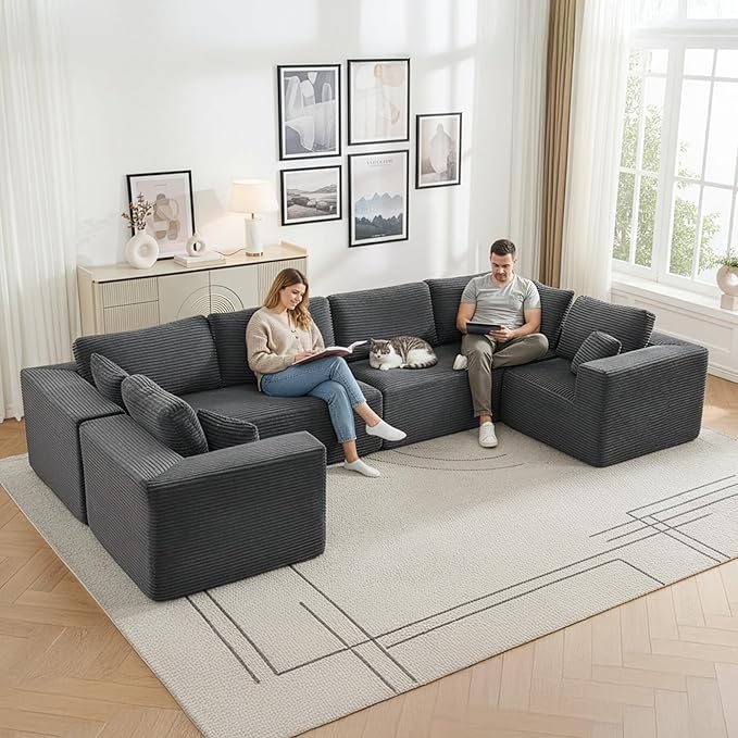 Modular Sectional Cloud Couch for Living Room,Modern Boneless Couche Set with Plush Corduroy,Comfy Floor Sofa with Memory Foam,Stupendous U Shaped Sofa,No Assembly Required,Grey