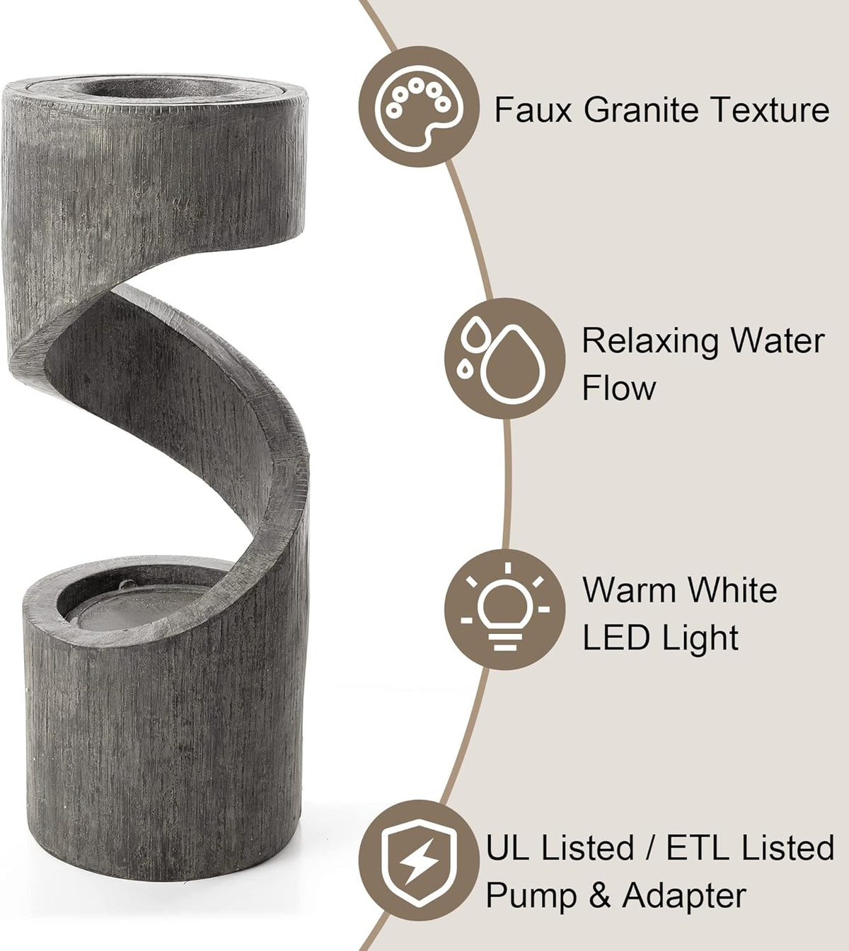 Glitzhome Tiered Outdoor Water Fountain with LED Light, Curved Outdoor Fountain Waterfall with Stone Planter, Freestanding Spiral Outdoor Garden Water Fountains, 31.3”H