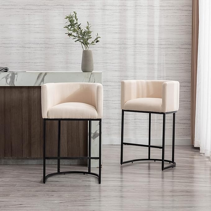 Contemporary Cream Linen Bar Stools Set of 3, 29" Upholstered Fabric Counter Height Barstools Kitchen Counter Island Stools with Black Metal Base