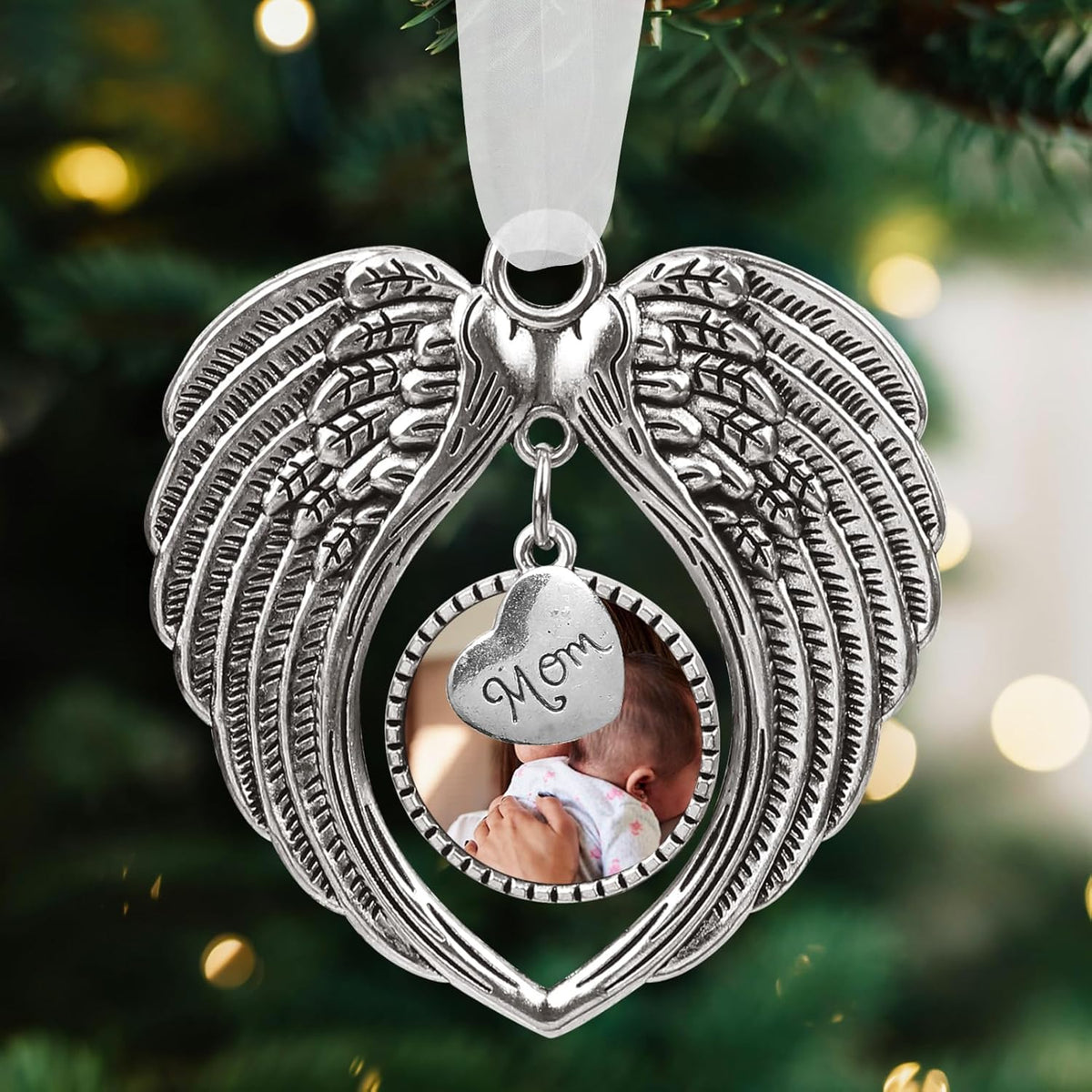 Christmas Ornaments Angel Wings with Custom Photo Frame for Loss of Loved One Remembrance Keepsake with Silk Ribbon & Red Gift Box