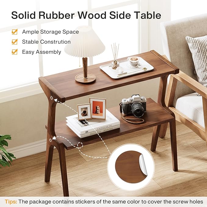 Tribesigns Wood End Table, Farmhouse Narrow Side Table with Storage Shelves, 2-Tier Slim Couch Side Table for Living Room, Long Bedside Table for Bedroom, Small Spaces, Rustic Brown