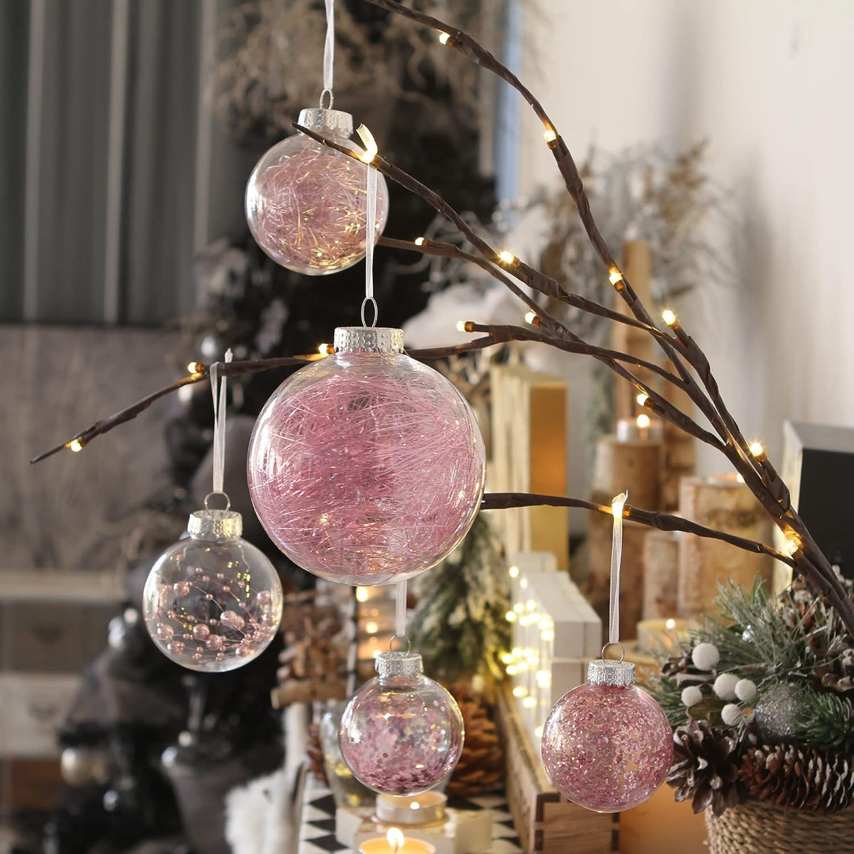 Sea Team Shatterproof Clear Plastic Christmas Ball Ornaments Decorative Xmas Balls Baubles Set with Stuffed Delicate Decorations (100mm/3.94 inch 16-Pack, Pink)