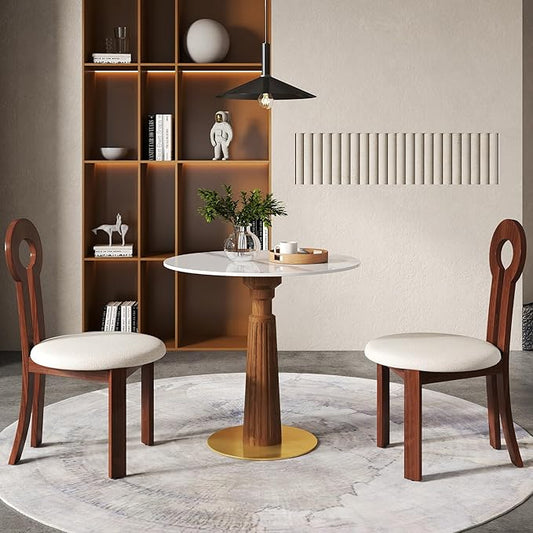 Sintered Stone Office Table and Chair Set - 33.5" Round Table for Small Offices (Light Brown Leg and White Top, 1 Table and 2 Chairs)