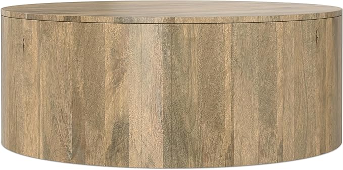 SIMPLIHOME Millbury Drum Coffee Table - 36 inch Wide Solid Mango Wood Round Living Room Table in Briarsmoke, Contemporary Cocktail Table for Family Room or Lounge with Large Surface, Assembled