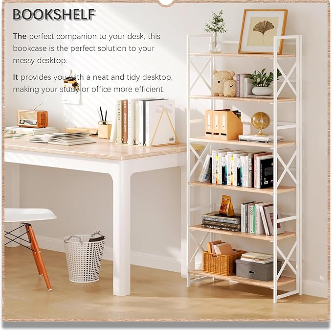 4NM 6 Tiers No Assembly Book Shelves, 61.8" H Folding Bookshelf Bookcase Open Industrial Foldable Shelves for Bedroom, Living Room, Home Office - Natural White