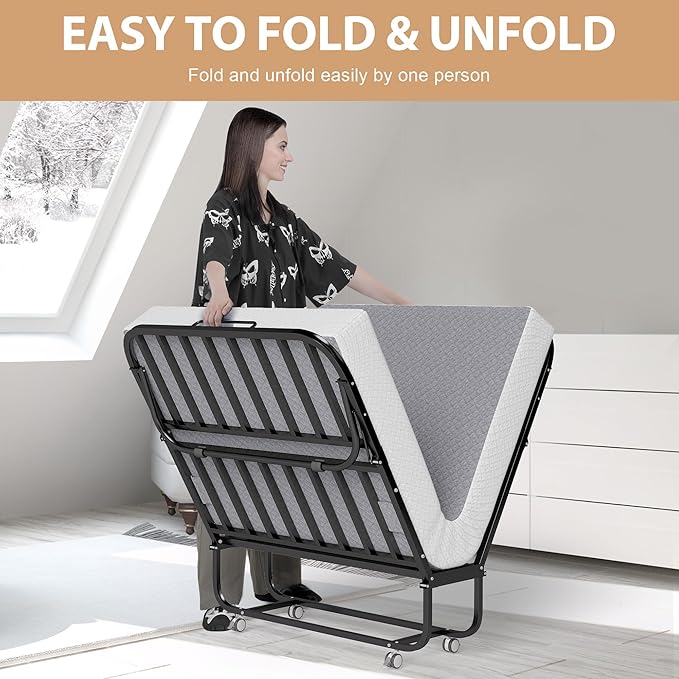 Folding Bed with Memory Foam Mattress, Portable Rollaway Guest Beds on Wheels, 75"x38" Twin Size Space-Saving Cot-Size Bed for Adults with Easy Assembly Metal Frame (Grey)