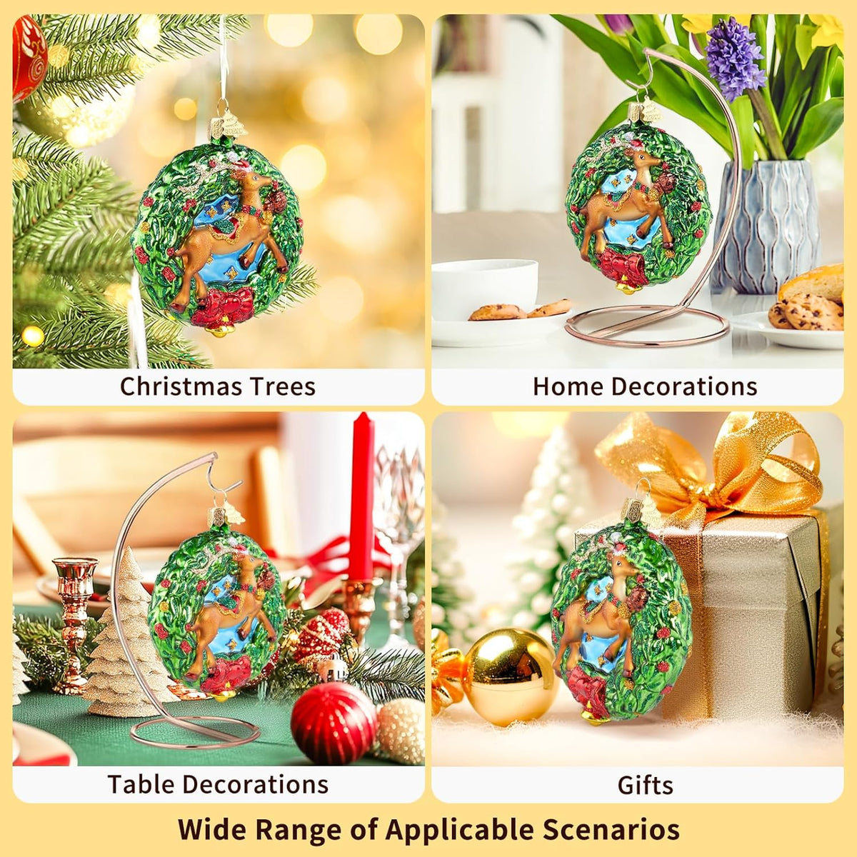 Reindeer Christmas Tree Ornaments,Blown Glass Christmas Ornaments, Wreath Collection Hanging Ornaments,Glass Home Decorations for Animal Lovers Holiday Party Daily Gifts