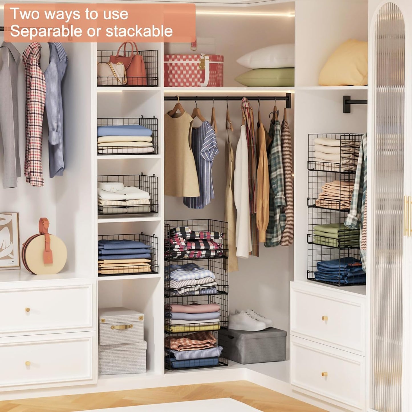 4-Tier Stackable Closet Organizers and Storage Shelves, Clothes Shelf Organizer Basket Bins, Foldable Sweater Storage for Closet Organizer System, Black (Patent Pending)