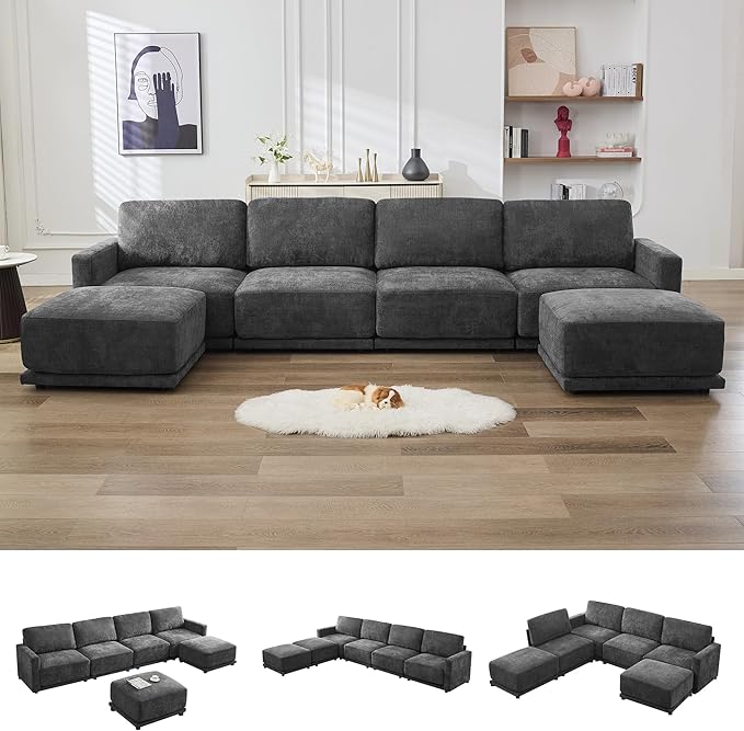 143.8" Modular Sectional Sofa Modern Chenille U-Shaped Couch with Thickened Seat Cushions, Easy Assembly, Upholstered 6 Seater Couch with 2 Movable Ottomans for Living Room, Grey