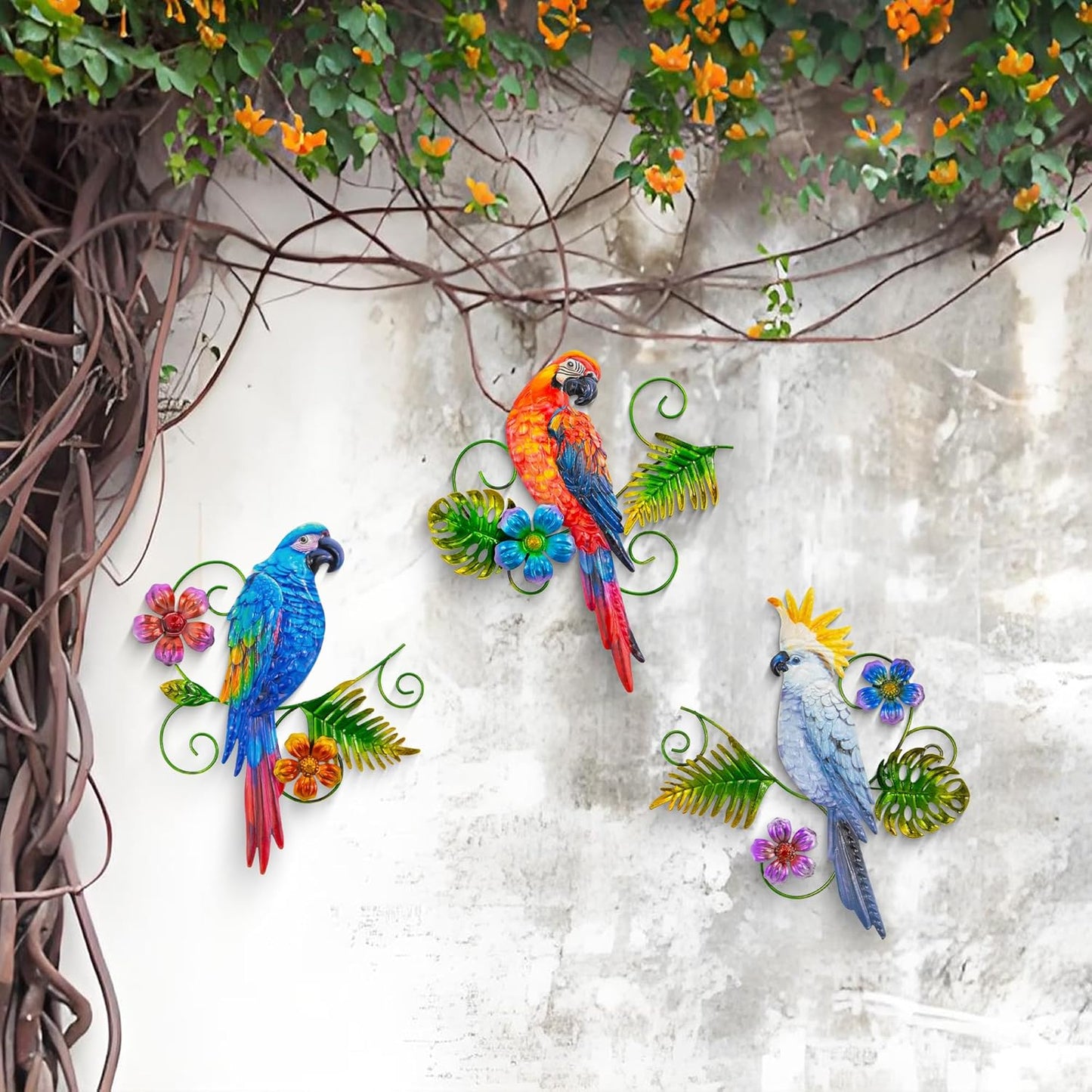 Metal Colorful Parrots Wall Art, 12 Inches Parrot Large Hanging Outside Decoration 3 Pack, Metal Bird Wall Decoration, Decor Outdoor Decorations for Yard, Garden Ornaments Patio Outside Porch Decor