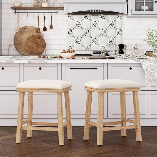 ALPHA HOME 24 inch Barstools Set of 2, Solid Wood Kitchen Stools with PU Leather Cushion Counter Height Bar Stools for Indoor, White Seat and Wooden Legs, 2PCS