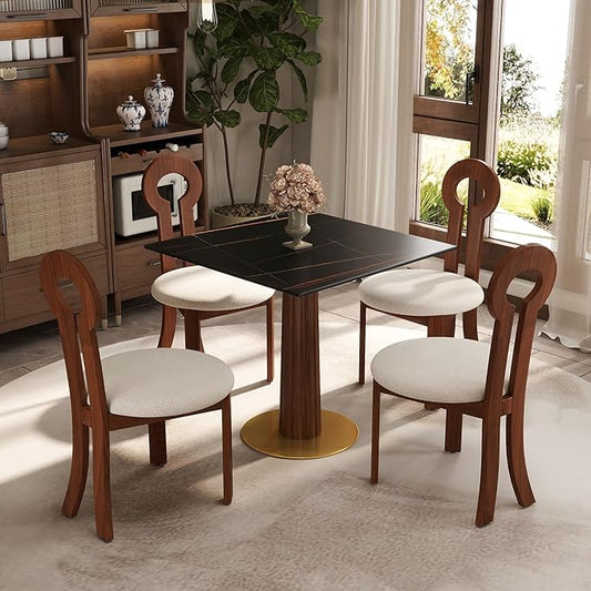 Sintered Stone Square Office Table and Chair Set - Meeting Table for Small Offices (Dark Brown Leg and Black Top, 1 Table and 4 Chairs)