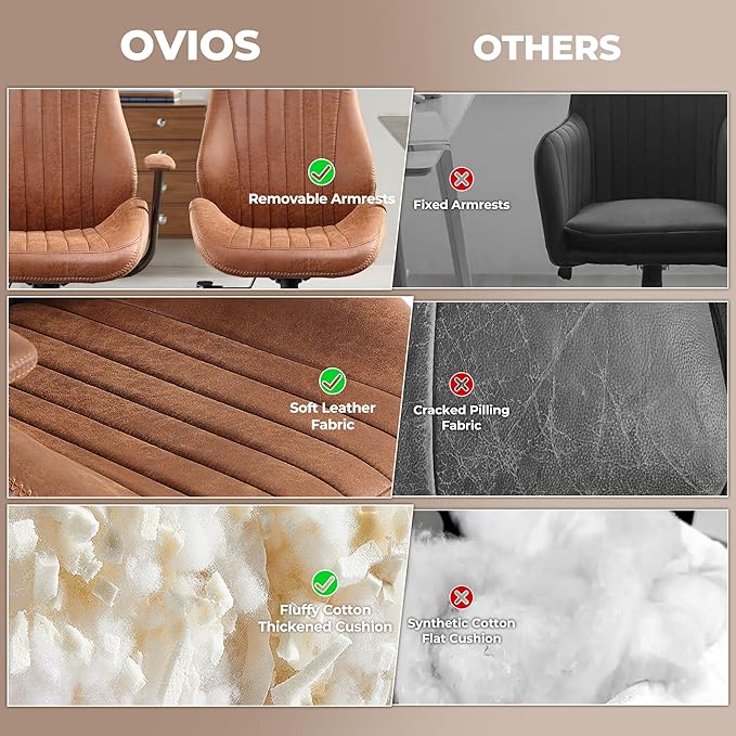 ovios Home Office Ergonomic Chair, Mid-Century Modern Luxury Faux Suede Leather Chairs, Comfy High Back Computer Swivel Rolling Task Armchair for Executive, Brown
