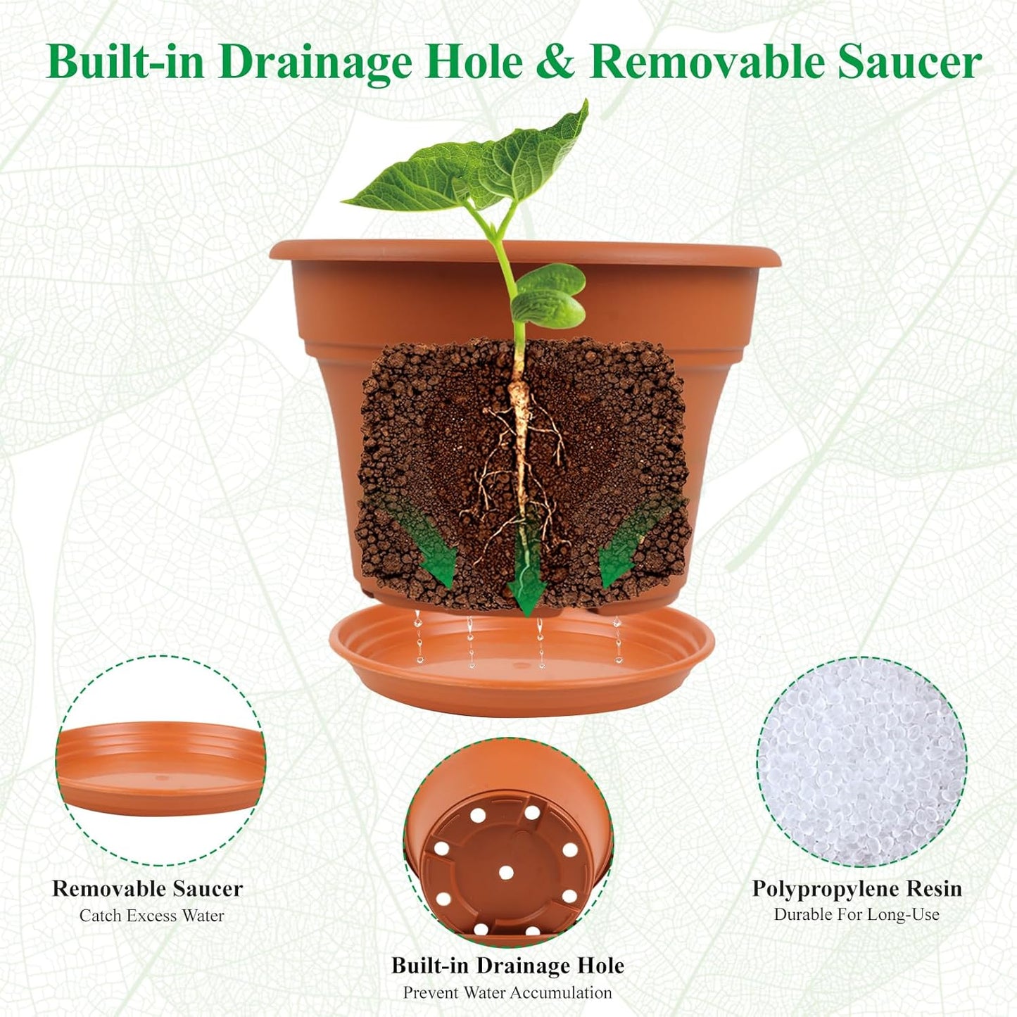 10 Inch Plastic-Flower-Pot-for-Indoor-Plants, 4 Pack Large Outdoor Planter Pot with Drainage Holes & Saucers, Resin Decorative Garden Pots Planters