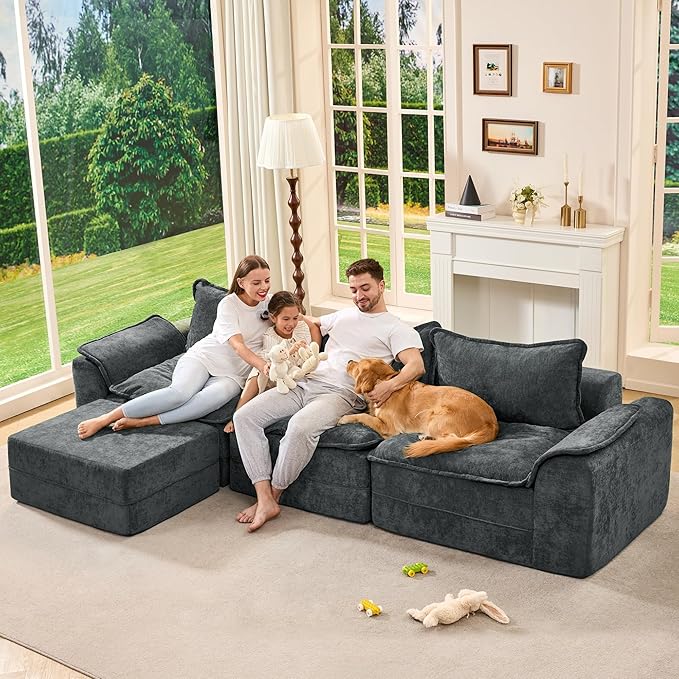 Hobestluk 120" Cloud Modular Sectional Couch 3-Seater Sofa with Ottoman L Shaped Sofa with Removable Cover Large Sofa Couch for Living Room (Blue Grey, 3-Seater Sofa with One Ottoman)