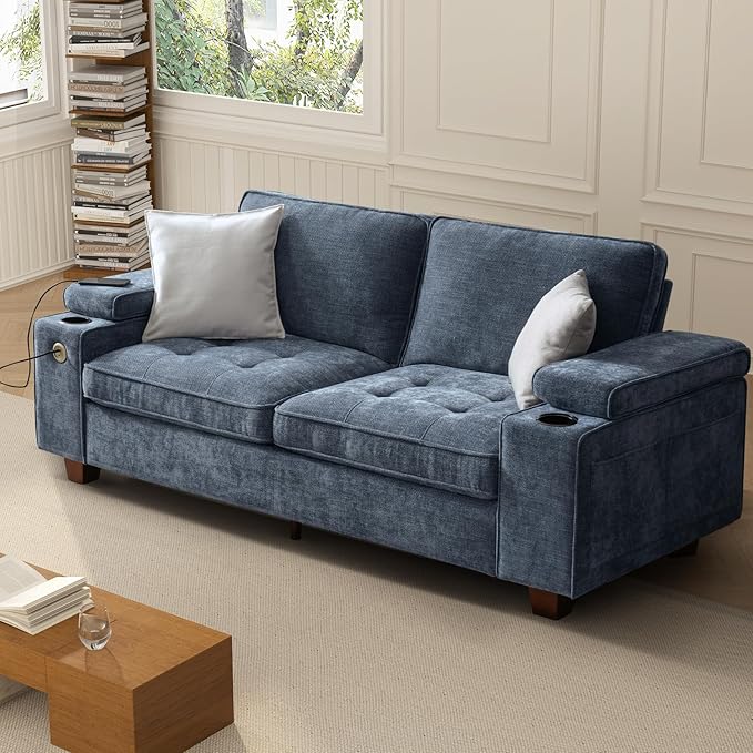 84" Loveseat for Living Room,Modern Chenille Upholstered 2-Seater Loveseat Couch for Apartment,Solid Wood Sofa with Adjustable Storage Armrest,Cup Holders,USB & Type-C Ports(Blue)