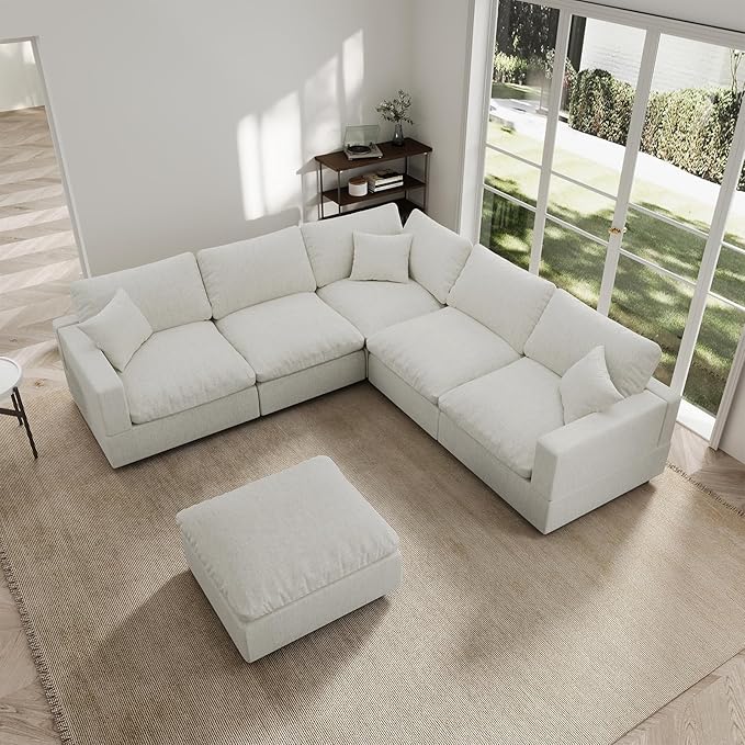 Modern Sectional Linen Couch for Living Room V-Shape Sofas,6 Seat Modular Cloud Sofas with Ottoman,Couches Cushion Covers Removable,Cozy Feather Down Sofa for Apartment Cream White
