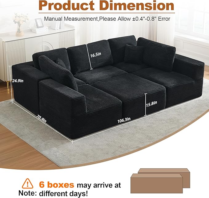 Cloud Modular Sectional Sleeper Sofa,U-Shape Modern Boneless Sectional Couch with Deep Seat,Upholstered Couches for Living Room Bedroom,No Assembly Required,Black
