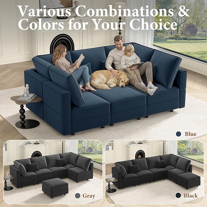 Vesgantti Sectional Sleeper Sofas with Storage, 92" Sofa Bed with 6 Seats Storage Chaises Removeble Cover, Deep Seat Modular Couches Velvet Couch Set for Living Room, Apartment, Home Theatre, Blue