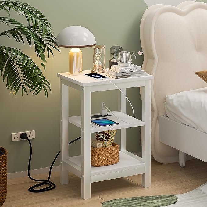 VECELO Modern Nightstands with Charging Station,Side End Table Night Stand with Storage Shelf for Small Spaces, Bedroom,Living Room
