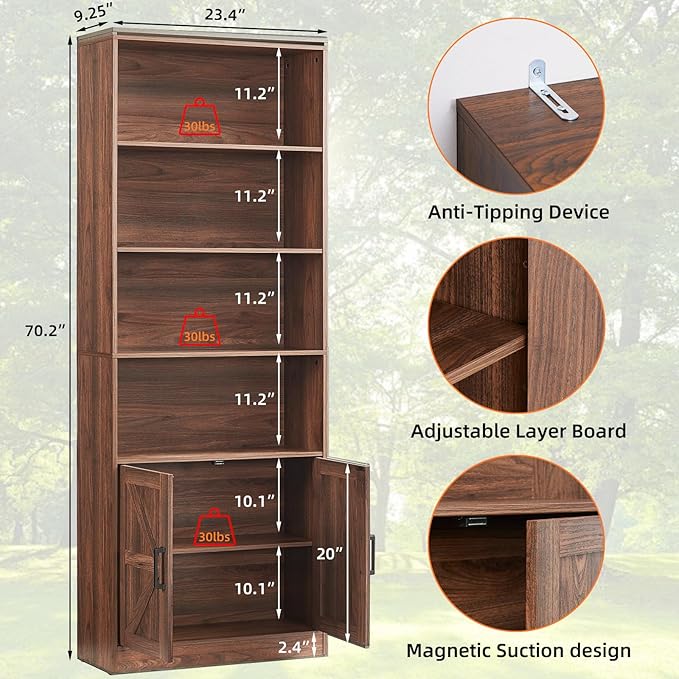 70in Tall Bookshelf 6 Tier Bookcase with Barn Doors and Adjustable Shelf, Brown Farmhouse Book Shelves with Storage Cabinet,Wood Floor Standing Display Bookshelve for Bedroom,Living Room,Kitchen