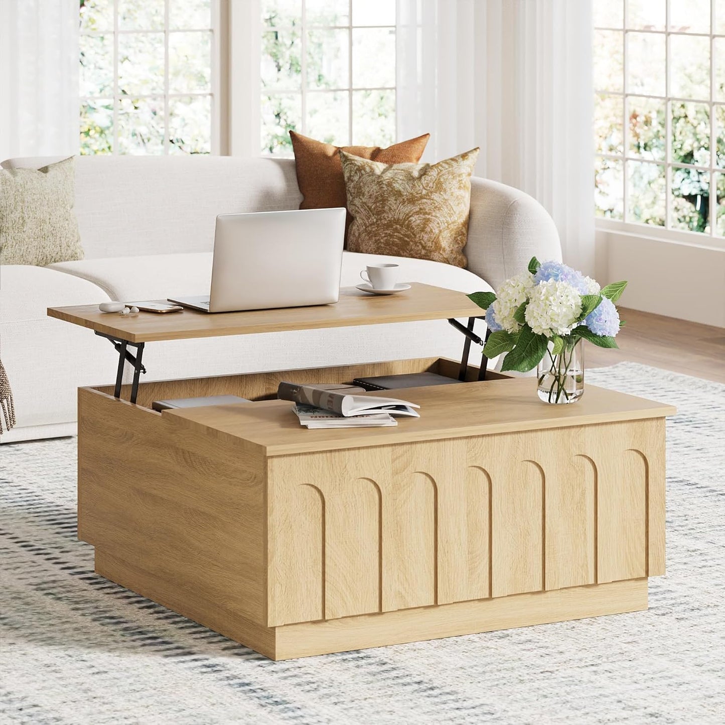 Lift Top Coffee Table with Storage, Modern Coffee Table with Arched Design, 31.5" Square Tea Table with Wood Grain, Boho Multifunctional Center Table for Living Room, Office, Oak