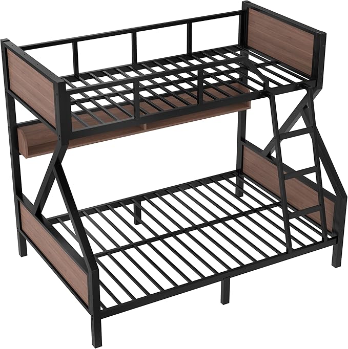 Bellemave Twin Over Full Bunk Bed with Storage Shelf and RGB LED Lights, Adults Bunk Bed with Angle Padded Ladder, Heavy Duty Bunk Beds with Noise-Reducing Rubber Stoppers, Black
