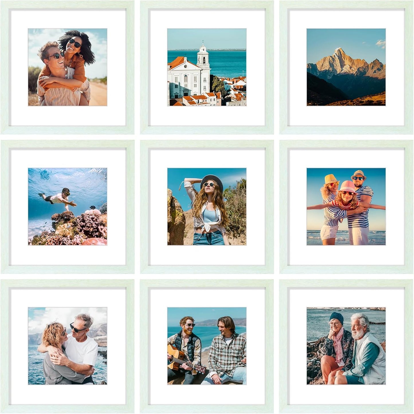 Vittanly 12x12 Picture Frames Set of 9, Shatter Resistant Plexiglass, Display 8x8 Pictures with Mat or 12x12 without Mat, Photo Frames for Wall Mount, Engineered Wood, Vintage Green