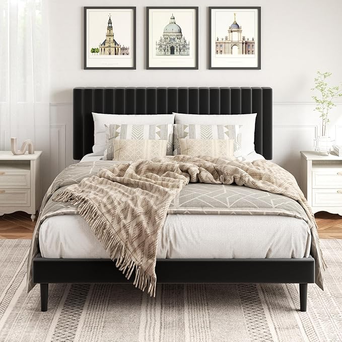 Queen Size Platform Bed Frame with Velvet Upholstered Headboard, Queen Bed Frame with Strong Wood Slats, Box Spring Optional, Mattress Foundation, Easy Assembly Black