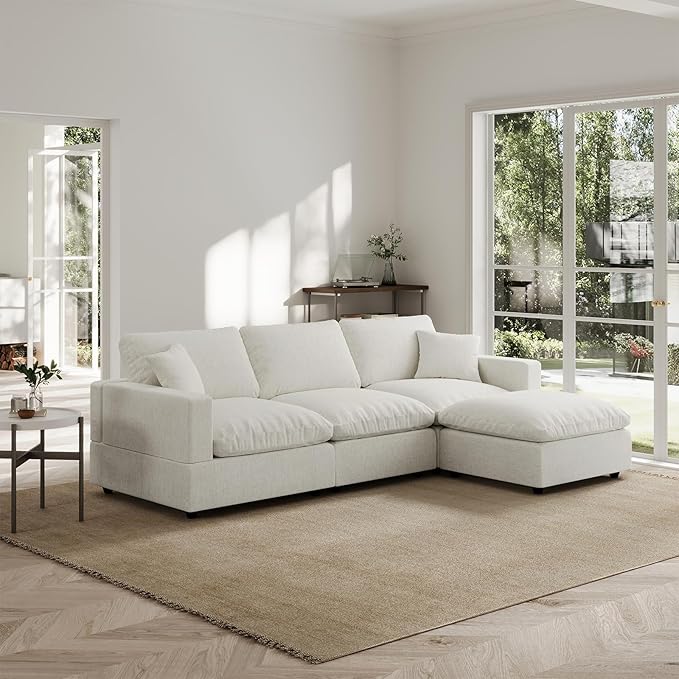 Modern Sectional Linen Couch for Living Room L-Shape Sofas,4 Seat Modular Cloud Sofas,Detachable Couch Cushion Covers,Cozy Feather Down Sofa for Apartment Cream White