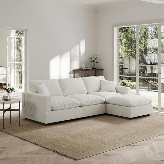 Modern Sectional Linen Couch for Living Room L-Shape Sofas,4 Seat Modular Cloud Sofas,Detachable Couch Cushion Covers,Cozy Feather Down Sofa for Apartment Cream White