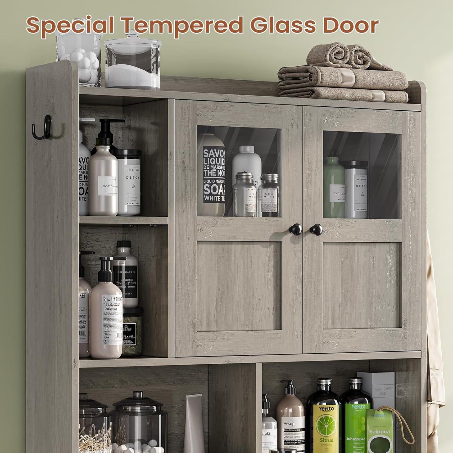 Itaar Over The Toilet Storage Cabinet, Over Toilet Bathroom Organizer with Glass Doors & Toilet Paper Holder Stand, Home Space-Saving Toilet Rack, for Bathroom, Restroom, Laundry, Grey