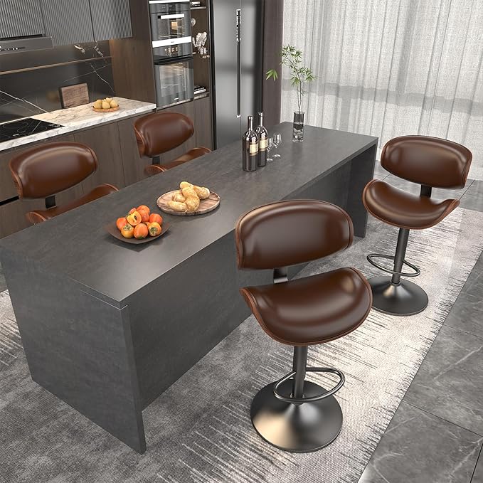 Bar Stools Set of 2, Bar Stools for Kitchen Island with Bentwood Back and Leather Seat, Swivel Barstools for Kitchen Counter, Bar, Brown