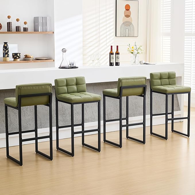 Set of 4 Bar Stools, Upholstered Bar Height Barstools with Low Back and Thickened Metal Frame, Modern Tall Bar Chairs for Kitchen Island, Bar, Counter (Avocado Green, 4Pcs 30" Bar Stools)