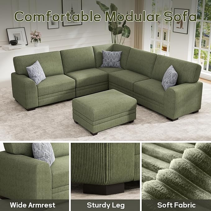 Wanderwell Oversized Modular Sectional Sofa, 6-Seater U Shaped Couches with Movable Ottoman,Corduroy Sectional Couch with Wide and Deep Seats Suitable for Living Room,Bedroom,Apartment (Olive, L-6)