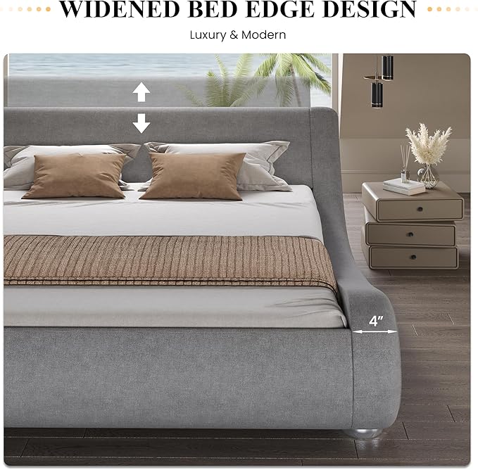 SHA CERLIN King Size Upholstered Bed Frame, Deluxe Low Profile Sleigh Bed with Linen Ergonomics Headboard, No Box Spring Needed & Easy Assembly, Grey