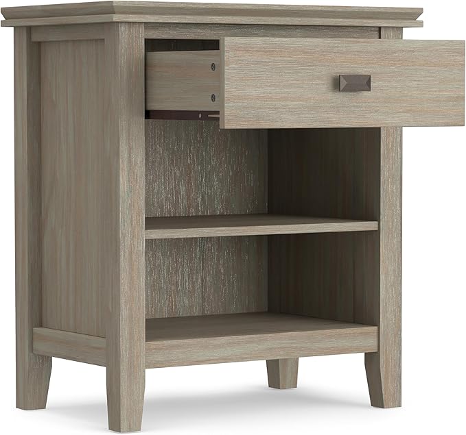 SIMPLIHOME Artisan Bedside Table - 24 inch Wide Solid Wood Nightstand Table in Distressed Grey, Contemporary Bedroom Side or End Table with 1 Drawer, Open Shelf Storage and Bronze Knobs