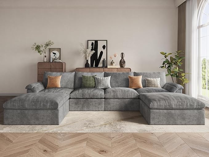 EASE MOOSE Boneless Modular Cloud Couch, U-Shaped Oversized Sectional Sofa for Living Room with Ottoman, Extra Large Movable Couches, 6-Deep-Seat Sofas for Bedroom, Apartment, Chenille (Grey)