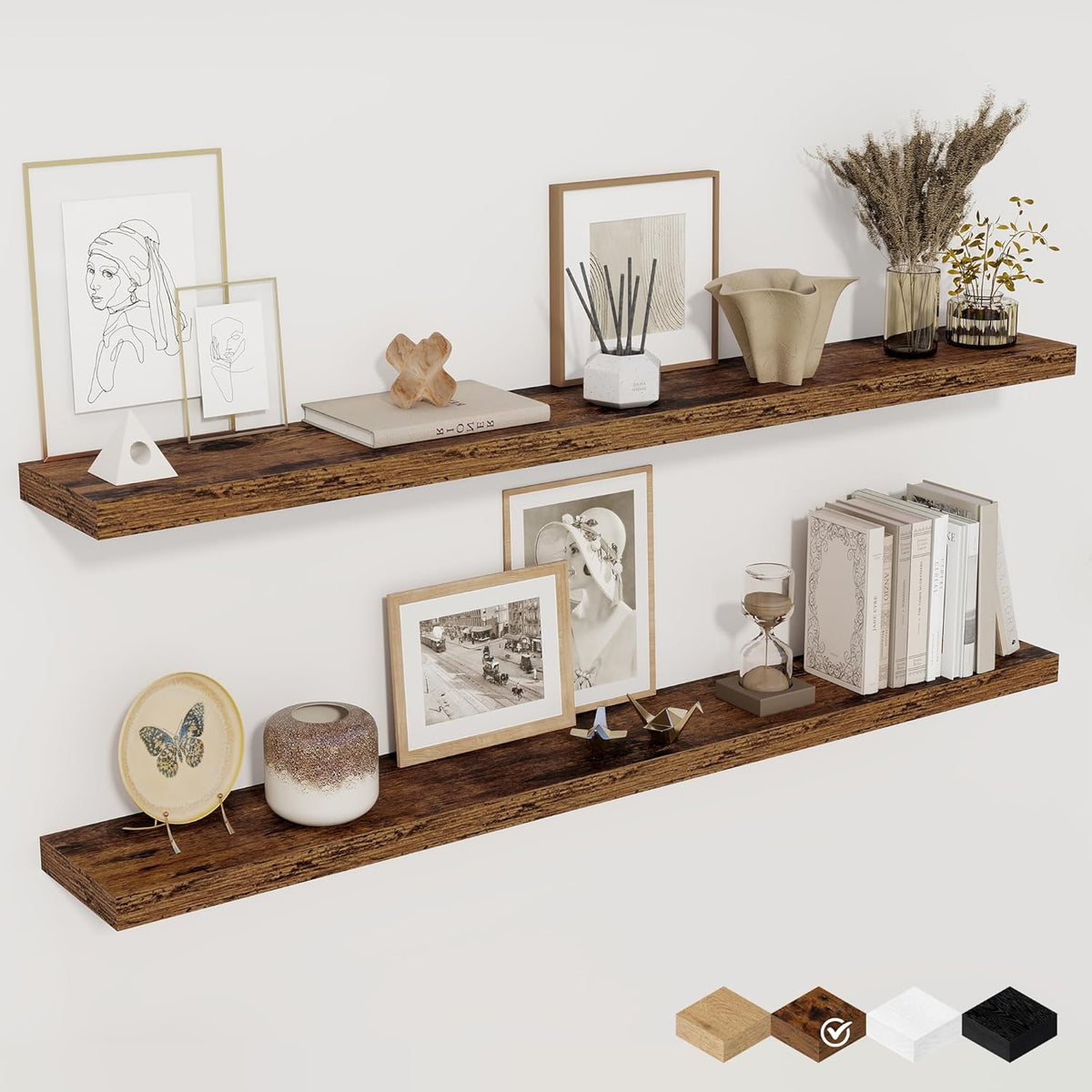 Floating Shelves for Wall, 48 Inch Floating Shelves for Home Decor, Wall Mounted Rustic Wood Shelves, Bathroom, Hanging Deep Shelf for Bedroom, Living Room, Kitchen (Rustic Brown, Set of 2)