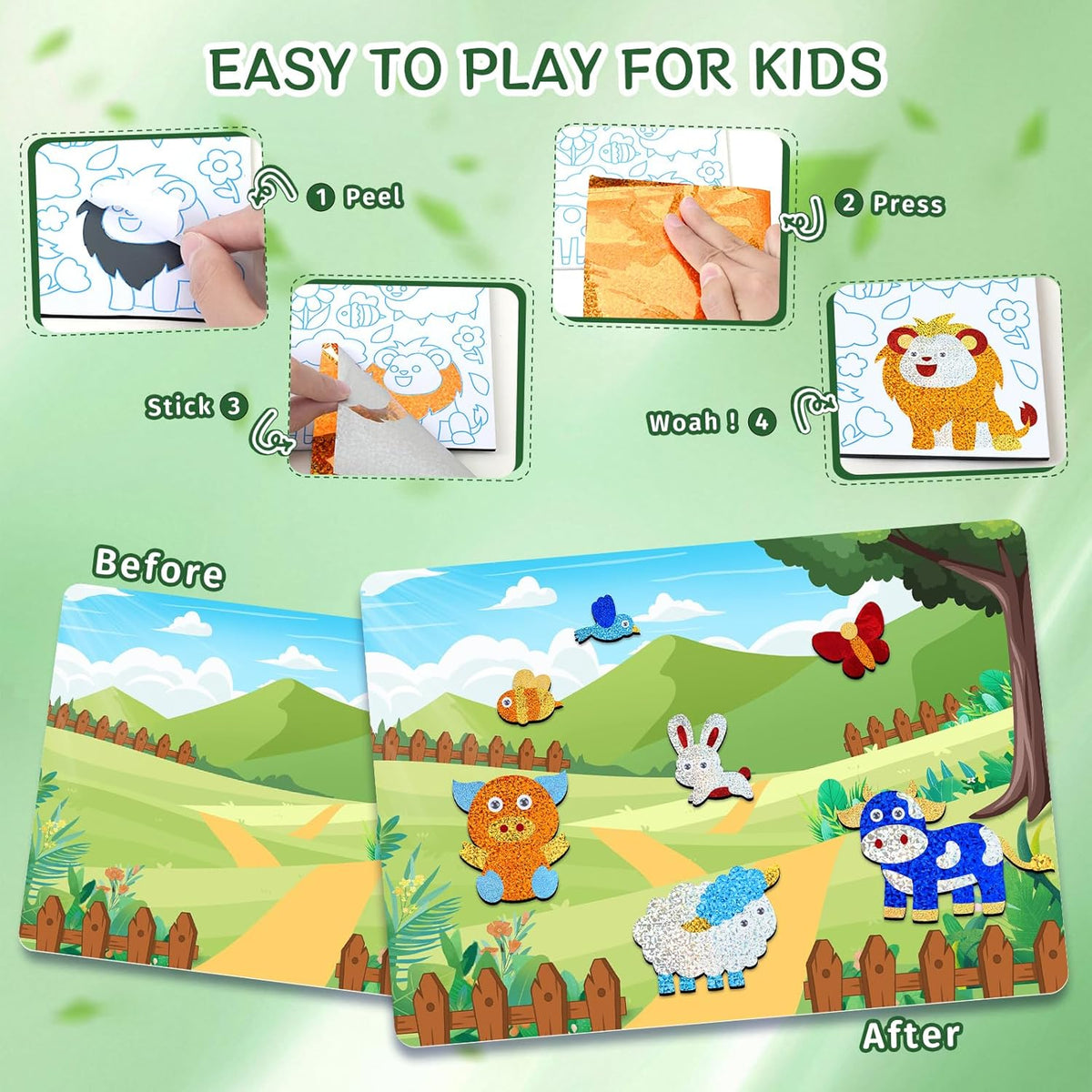 PERRYHOME Foil Arts and Crafts Kits-DIY No Mess Animal Fun Foil Paper Craft Kits,Non-Toxic Kids Car Airplane Travel Activities Toys,Gifts for 4 5 6 7 8 Year Old Girls Boys Toddler Children